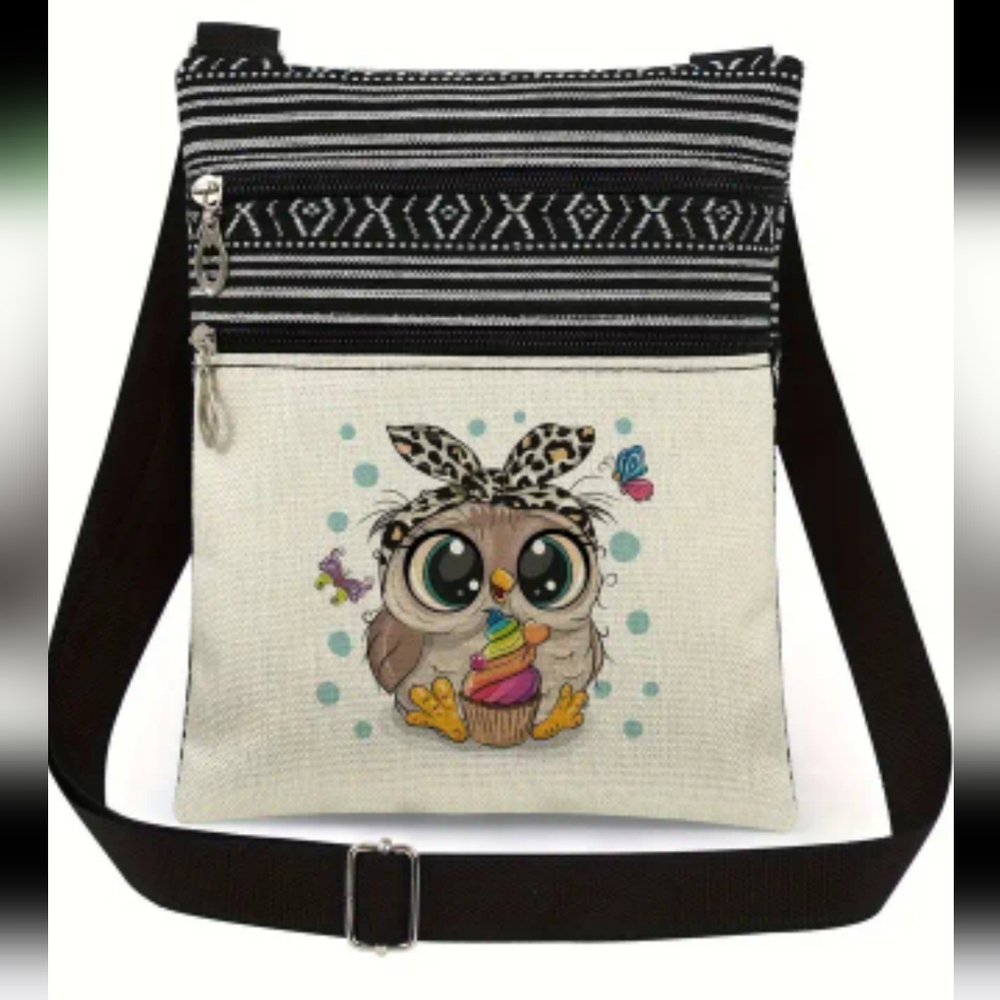Boho Gypsy Sisters Owl Crossbody Bag - Black and Cream